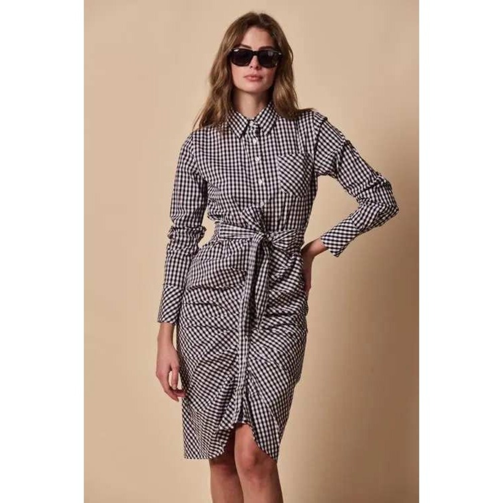The Shirt by Rochelle Behrens Wrap Front Gingham Shirtdress Black White Medium